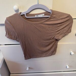 Zara Brown Fitted Crop Cap Sleeve Tee
